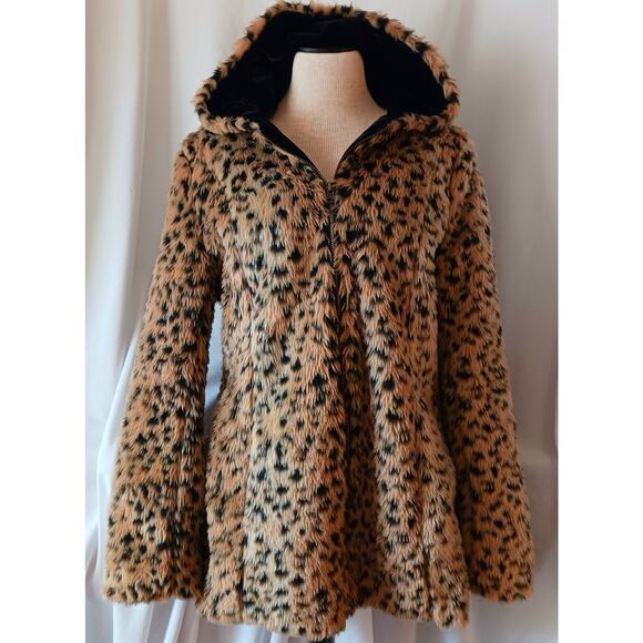 Baluoke Women's Faux Leopard Fur Coat with Hood & Pockets Size Small - Picture 2 of 9
